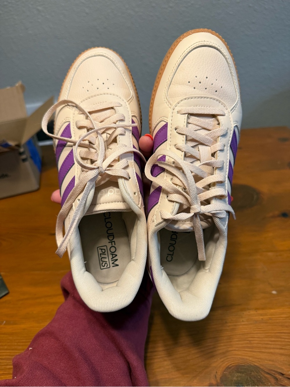adidas Cream Sneakers with Purple Stripes - Picture 6 of 7